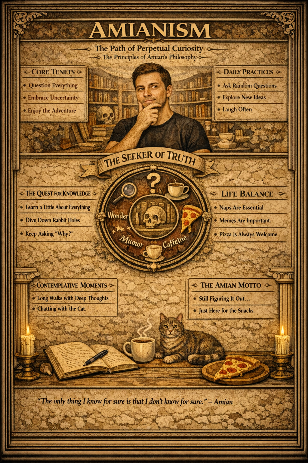 An illuminated appendix folio focused on Amianism, with a central figure or emblem and supporting callouts arranged in the manuscript's companion style.