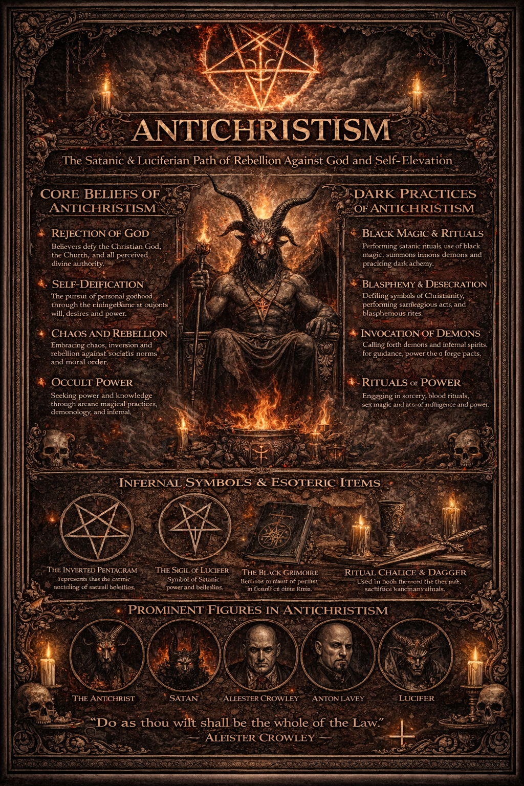 An illuminated appendix folio focused on Antichristism, with a central adversarial seal or doctrine diagram, side concept fields, and a lower witness band rendered in the manuscript's darker companion style.