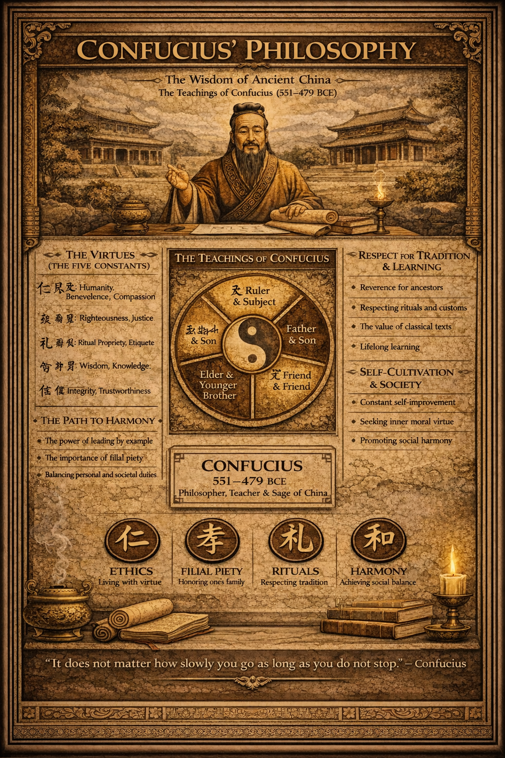 An illuminated manuscript folio focused on Confucius, with a central portrait or emblem, side teaching columns, and a lower band of works, quotes, or symbols.