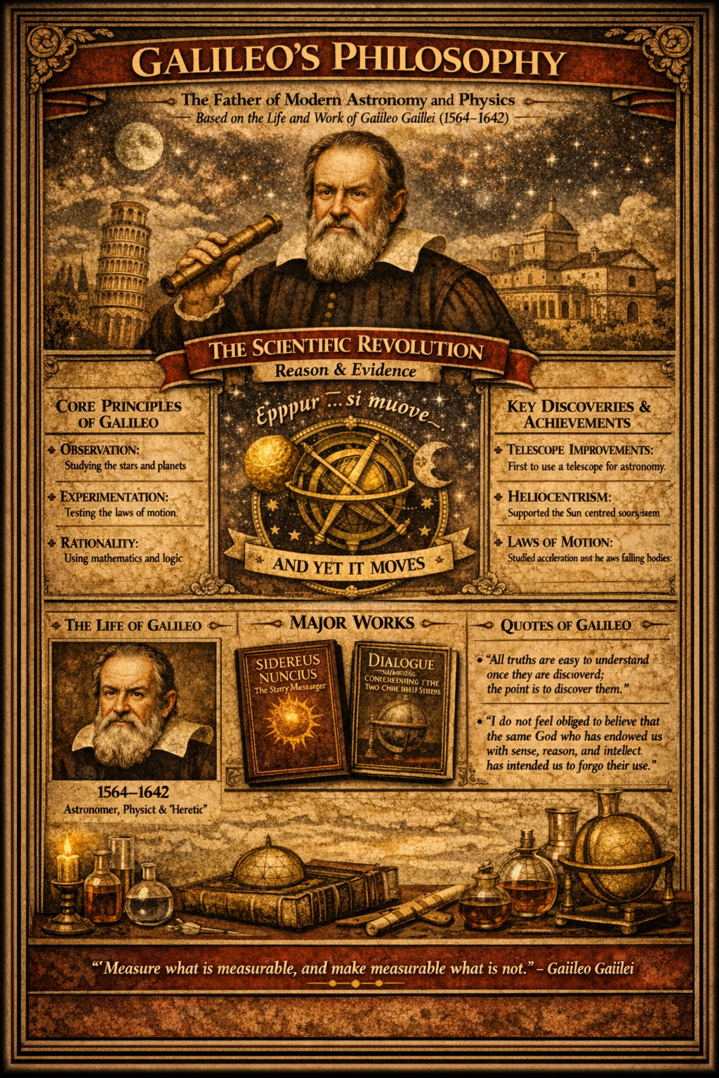 An illuminated manuscript folio focused on Galileo, with a central portrait or emblem, side teaching columns, and a lower band of works, quotes, or symbols.