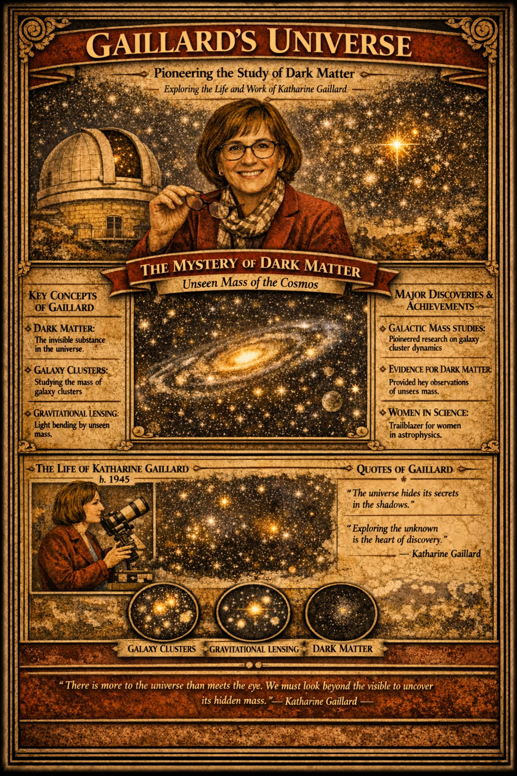 An illuminated manuscript folio focused on Katharine Gaillard, with a central portrait or emblem, side teaching columns, and a lower band of works, quotes, or symbols.