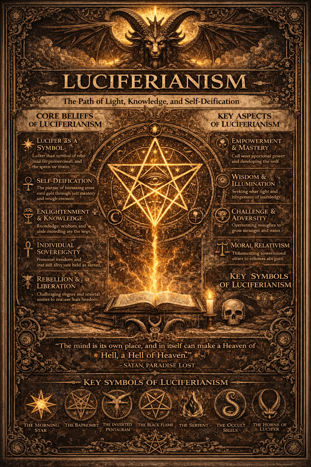 An illuminated appendix folio focused on Luciferianism, with a central radiant seal or doctrine diagram, side concept fields, and a lower witness band rendered in the manuscript's darker companion style.