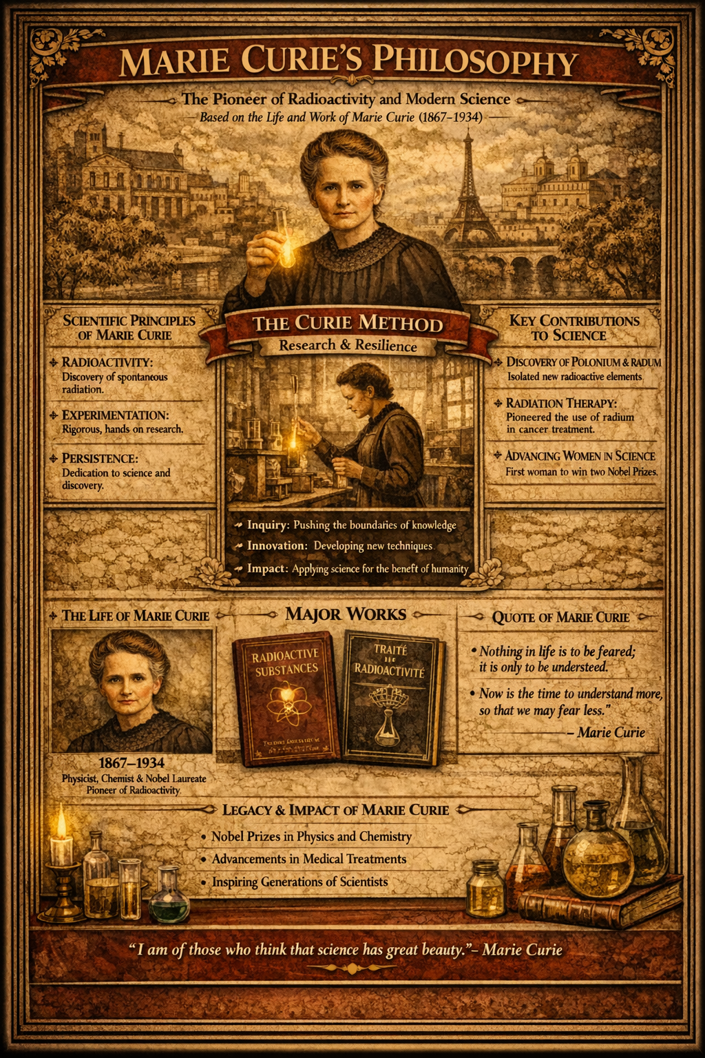 An illuminated manuscript folio focused on Marie Curie, with a central portrait or emblem, side teaching columns, and a lower band of works, quotes, or symbols.