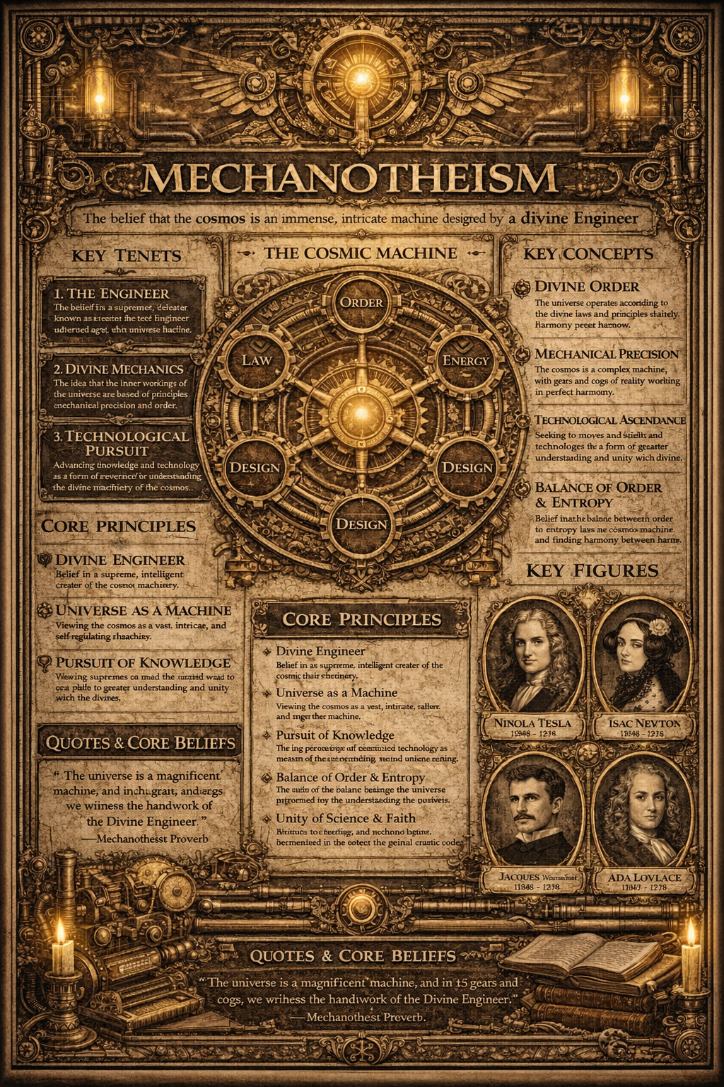 An illuminated appendix folio focused on Mechanotheism, with a central mechanical seal or ritual diagram, side concept fields, and a lower witness band rendered in the manuscript's darker companion style.