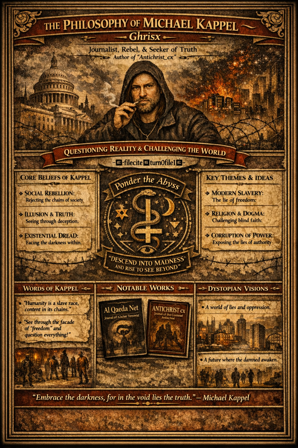 An illuminated appendix folio focused on Michael Kappel as Ghrisx, with a central portrait, confrontational symbolic seal, and surrounding callouts in the manuscript's darker companion style.