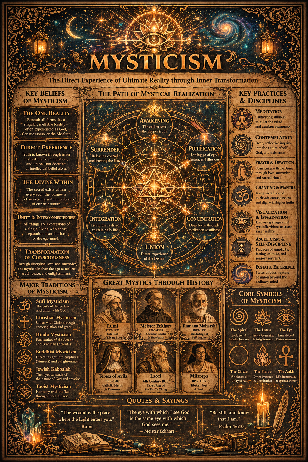 An illuminated appendix folio focused on Mysticism, with a central contemplative seal or visionary diagram, side concept fields, and a lower witness band rendered in the manuscript's darker companion style.