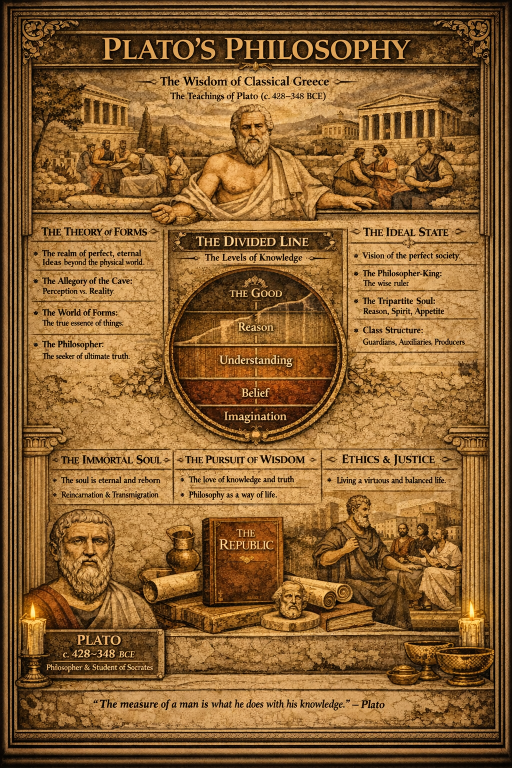 An illuminated manuscript folio focused on Plato, with a central portrait or emblem, side teaching columns, and a lower band of works, quotes, or symbols.