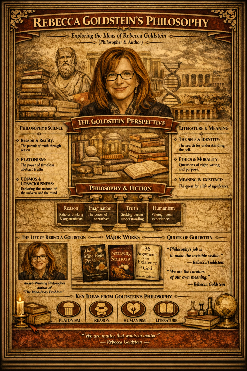 An illuminated manuscript folio focused on Rebecca Goldstein, with a central portrait or emblem, side teaching columns, and a lower band of works, quotes, or symbols.