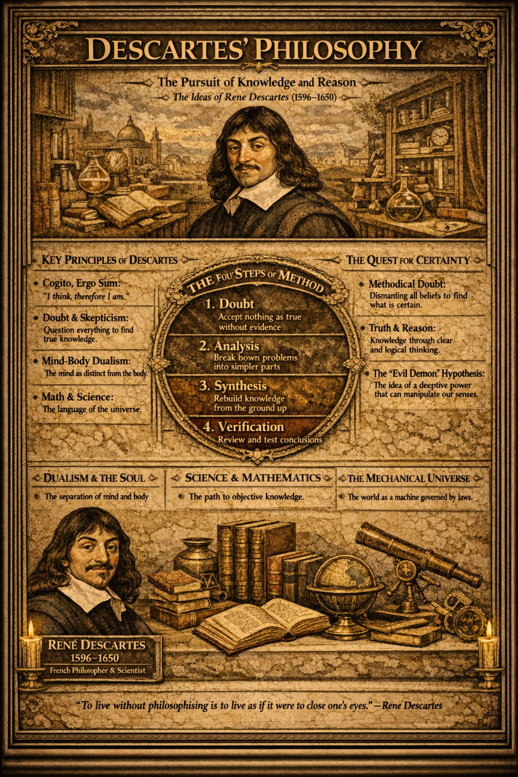 An illuminated manuscript folio focused on Rene Descartes, with a central portrait or emblem, side teaching columns, and a lower band of works, quotes, or symbols.
