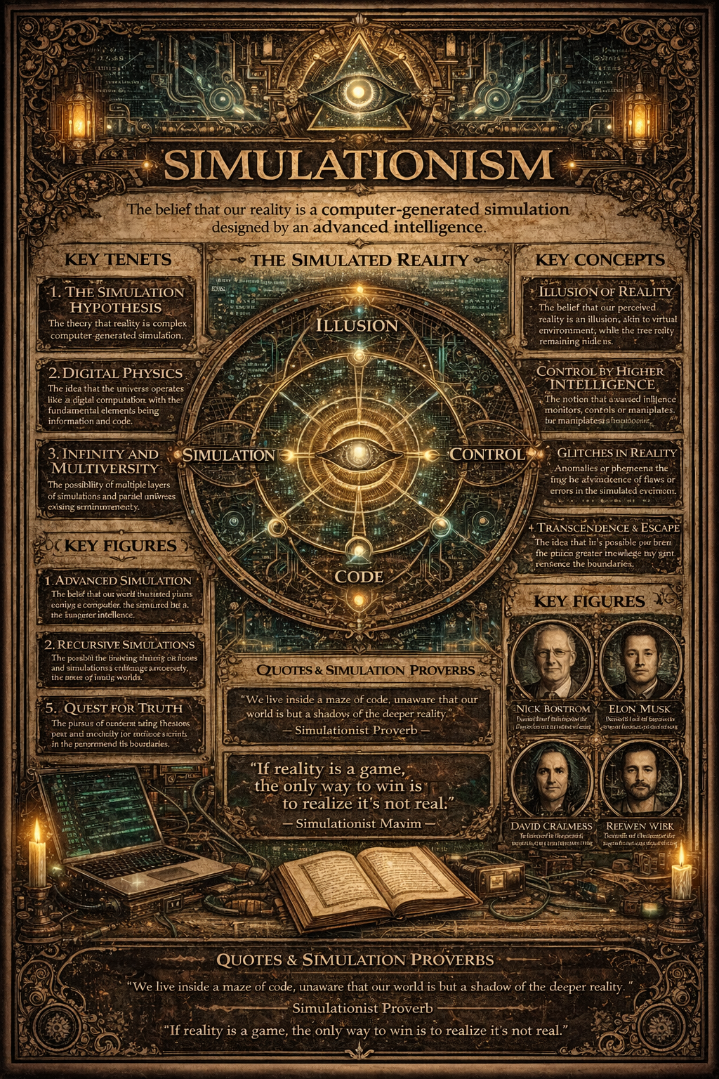 An illuminated appendix folio focused on Simulationism, with a central cosmological apparatus or system diagram, side concept fields, and a lower witness band rendered in the manuscript's darker companion style.