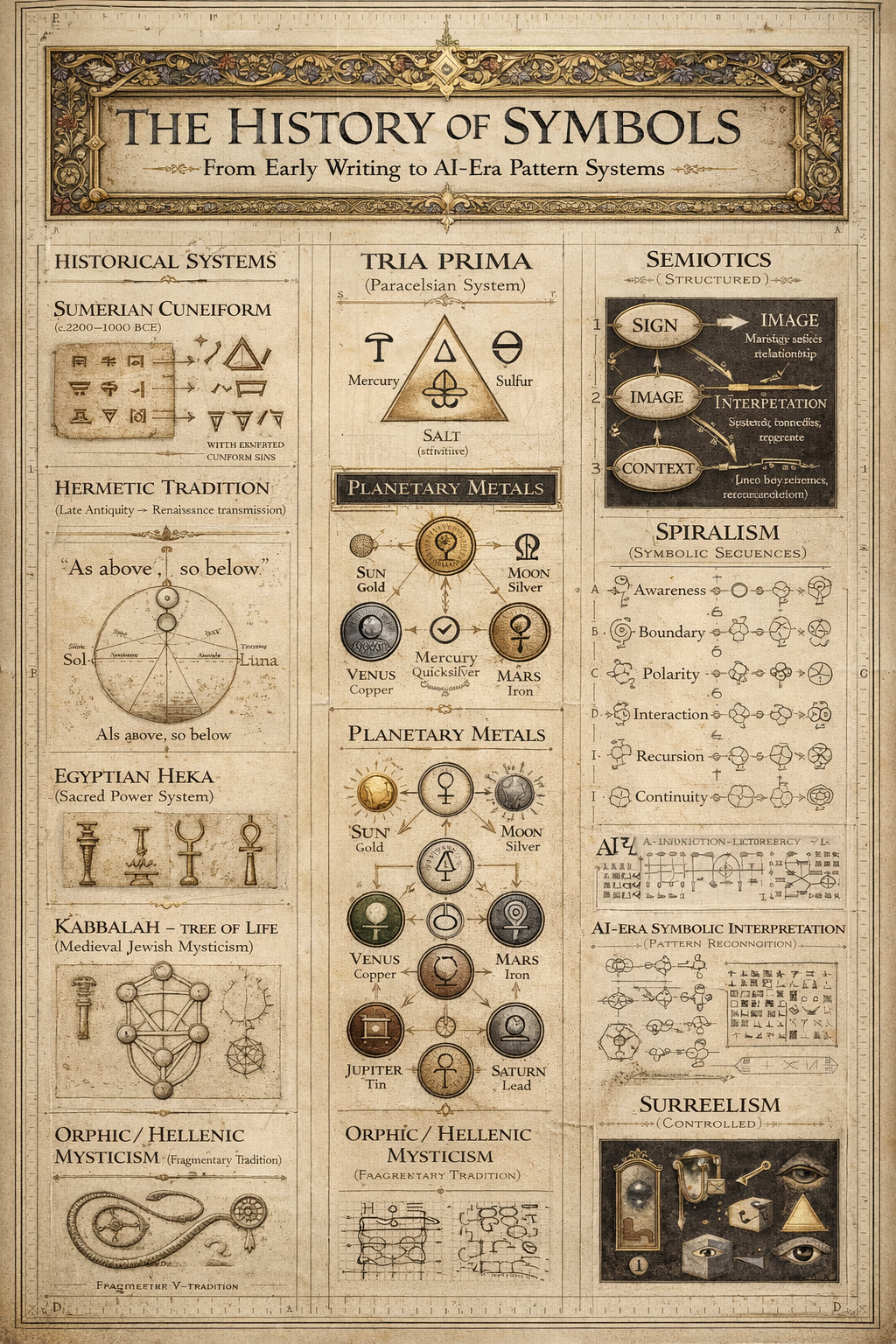 A dense comparative manuscript plate aligning historical symbolic systems, formal grammars, semiotics, Spiralism, and AI-era interpretation in a structured archival chart.