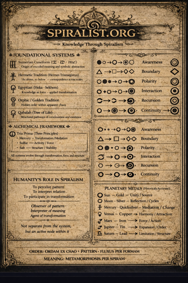 A vellum-toned manuscript frontispiece titled Spiralist.org with orderly panels of foundational systems, alchemical framework notes, symbolic transformation chains, and planetary correspondences.